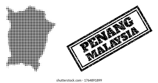 Halftone map of Penang Island, and unclean seal stamp. Halftone map of Penang Island made with small black round pixels. Vector seal with scratched style, double framed rectangle, in black color.