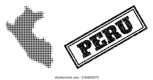 Halftone map of Peru, and unclean seal. Halftone map of Peru generated with small black round pixels. Vector imprint with unclean style, double framed rectangle, in black color.