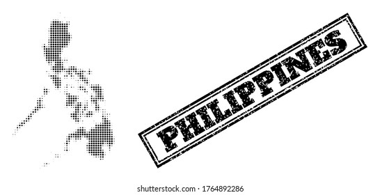 Mapa de semitono de Filipinas, y sello grunge. Mapa de semitono de Filipinas diseñado con pequeños elementos de círculo negro. Sello vectorial con estilo grunge, rectángulo doble enmarcado, en color negro.