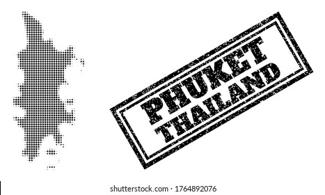 Halftone map of Phuket, and grunge seal stamp. Halftone map of Phuket constructed with small black circle pixels. Vector imprint with grunge style, double framed rectangle, in black color.