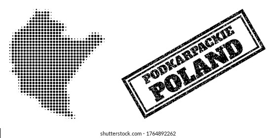 Mapa de semitono de la provincia de Podkarpackie y sello de caucho. Mapa de semitono de la provincia de Podkarpackie diseñado con pequeños píxeles de círculo negro. Sello vectorial con estilo retro, rectángulo doble enmarcado,