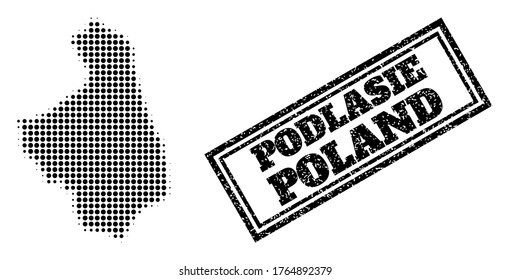 Halftone map of Podlasie Province, and unclean stamp. Halftone map of Podlasie Province constructed with small black circle points. Vector imprint with unclean style, double framed rectangle,