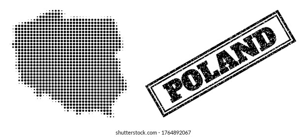 Halftone Karte von Polen, und kratzte Robbenstempel. Halftone Karte von Polen mit kleinen schwarzen Kreis Pixel. Vektordichtung mit gekratztem Stil, doppelgerahmtes Rechteck, in schwarzer Farbe.