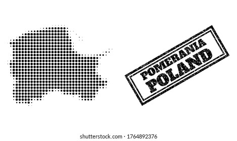 Halftone map of Pomerania Province, and unclean watermark. Halftone map of Pomerania Province generated with small black round items. Vector watermark with unclean style, double framed rectangle,