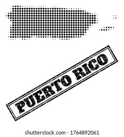 Mapa de semitono de Puerto Rico, y sello sucio de sello de foca. Mapa de semitono de Puerto Rico diseñado con pequeños puntos redondos negros. Sello vectorial con estilo rayado, rectángulo doble enmarcado, en color negro.
