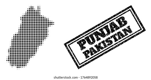 Halftone map of Punjab Province, and unclean seal stamp. Halftone map of Punjab Province made with small black round items. Vector seal with unclean style, double framed rectangle, in black color.