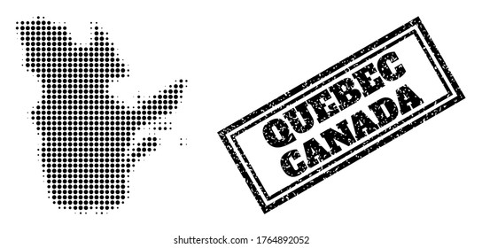 Halftone map of Quebec Province, and grunge seal stamp. Halftone map of Quebec Province designed with small black round elements. Vector imprint with grunge style, double framed rectangle,