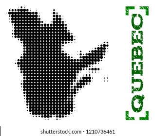 Halftone map of Quebec Province and unclean caption. Vector green title with corners and unclean rubber texture. Halftone map of Quebec Province designed with black pattern of circles.