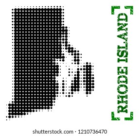 Halftone map of Rhode Island State and scratched caption. Vector green title with corners and scratched rubber texture. Halftone map of Rhode Island State constructed with black pattern of circles.