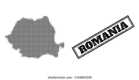 Mapa de semitono de Rumania, y sello de grunge. Mapa de semitono de Rumania construido con pequeños puntos redondos negros. Sello vectorial con estilo grunge, rectángulo doble enmarcado, en color negro.