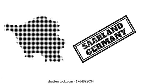 Halftone map of Saarland State, and dirty seal. Halftone map of Saarland State made with small black spheric items. Vector seal with distress style, double framed rectangle, in black color.