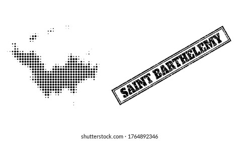 Halftone map of Saint Barthelemy, and scratched watermark. Halftone map of Saint Barthelemy constructed with small black spheric dots. Vector watermark with distress style, double framed rectangle,