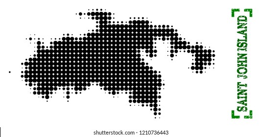 Halftone map of Saint John Island and grunge caption. Vector green title with corners and grunge rubber texture. Halftone map of Saint John Island designed with black pattern of circles.