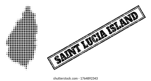 Mapa de semitono de la isla de Santa Lucía y marca de agua texturada. Mapa de semitono de la isla de Santa Lucía generado con pequeños objetos redondos negros. Marca de agua vectorial con estilo de distracción, rectángulo doble enmarcado,
