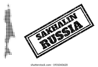 Halftone map of Sakhalin Island, and textured watermark. Halftone map of Sakhalin Island generated with small black spheric points. Vector seal with distress style, double framed rectangle,