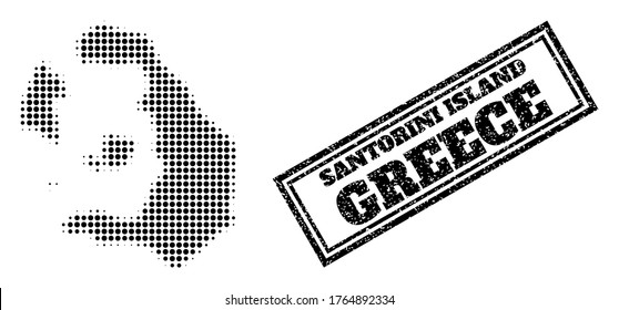 Halftone map of Santorini Island, and unclean stamp. Halftone map of Santorini Island designed with small black round elements. Vector watermark with unclean style, double framed rectangle,