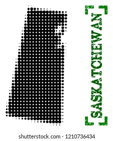 Halftone map of Saskatchewan Province and corroded caption. Vector green title with corners and corroded rubber texture. Halftone map of Saskatchewan Province designed with black pattern of circles.