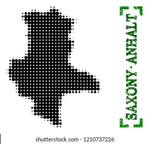Halftone map of Saxony-Anhalt State and corroded caption. Vector green title with corners and corroded rubber texture. Halftone map of Saxony-Anhalt State designed with black pattern of circles.