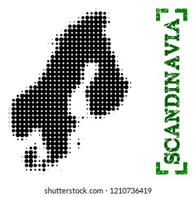 Halftone map of Scandinavia and rubber caption. Vector green title with corners and grunge rubber texture. Halftone map of Scandinavia constructed with black pattern of circles.