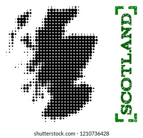 Halftone map of Scotland and unclean caption. Vector green title with corners and unclean rubber texture. Halftone map of Scotland designed with black pattern of circles.