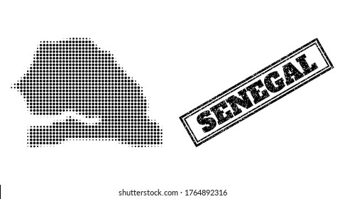 Halftone map of Senegal, and unclean watermark. Halftone map of Senegal designed with small black spheric items. Vector watermark with unclean style, double framed rectangle, in black color.