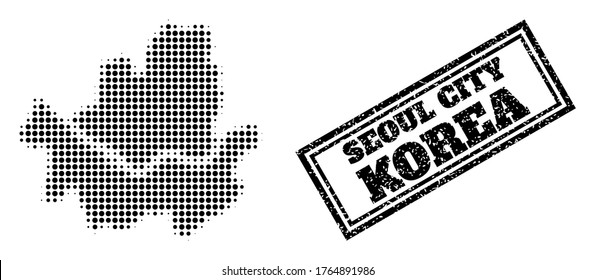 Halftone map of Seoul Municipality, and scratched seal. Halftone map of Seoul Municipality designed with small black circle elements. Vector imprint with scratched style, double framed rectangle,