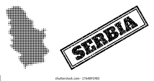 Halftone map of Serbia, and dirty seal. Halftone map of Serbia designed with small black spheric dots. Vector seal with grunge style, double framed rectangle, in black color.