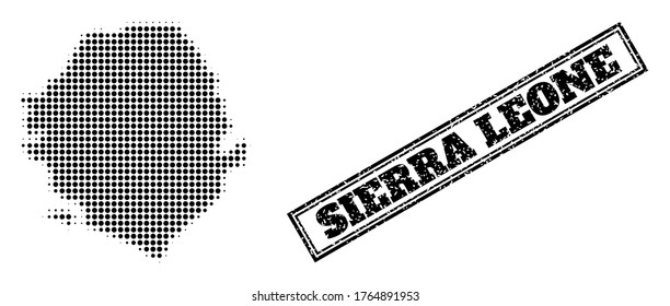 Halftone map of Sierra Leone, and scratched seal. Halftone map of Sierra Leone made with small black round dots. Vector seal with scratched style, double framed rectangle, in black color.