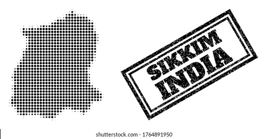 Halftone Karte des Sikkim-Staates, und strukturierte Siegel. Halftone Karte des Sikkim-Staats mit kleinen schwarzen runden Pixeln. Vektordichtung im Retro-Stil, doppelgerahmtes Rechteck, in schwarzer Farbe.