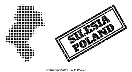 Halftone map of Silesia Province, and unclean stamp. Halftone map of Silesia Province designed with small black circle items. Vector imprint with unclean style, double framed rectangle,