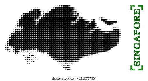 Halftone map of Singapore and unclean caption. Vector green title with corners and unclean rubber texture. Halftone map of Singapore designed with black pattern of circles.