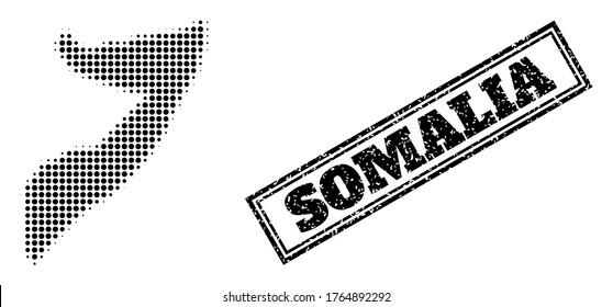 Halftone map of Somalia, and grunge seal. Halftone map of Somalia made with small black circle items. Vector watermark with grunge style, double framed rectangle, in black color.