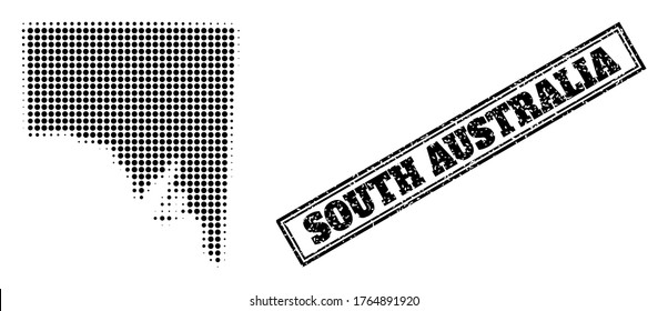 Halftone map of South Australia, and dirty seal. Halftone map of South Australia generated with small black round elements. Vector seal with scratched style, double framed rectangle, in black color.