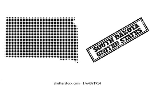 Halftone Karte des South Dakota State, und unscharfer Siegel. Halftone Karte des South Dakota State erzeugt mit kleinen schwarzen sphärische Pixel. Vektordichtung im Retro-Stil, doppelgerahmtes Rechteck,