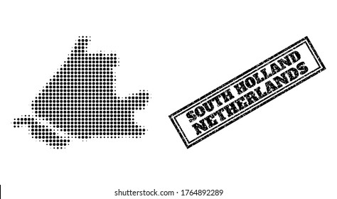 Halftone map of South Holland, and grunge seal. Halftone map of South Holland generated with small black round elements. Vector seal with retro style, double framed rectangle, in black color.