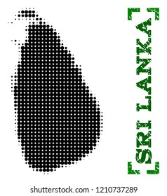 Halftone map of Sri Lanka and rubber caption. Vector green title with corners and unclean rubber texture. Halftone map of Sri Lanka constructed with black pattern of circles.