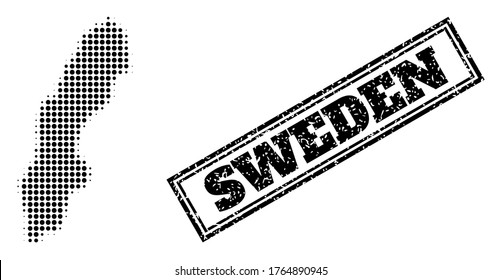 Halftone map of Sweden, and scratched seal. Halftone map of Sweden generated with small black spheric dots. Vector seal with scratched style, double framed rectangle, in black color.
