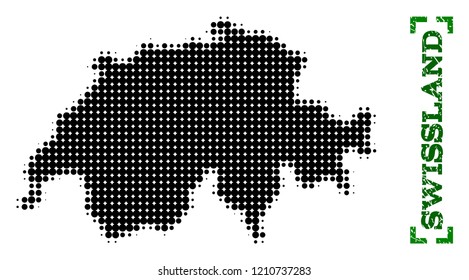 Halftone map of Swissland and textured caption. Vector green title with corners and distress rubber texture. Halftone map of Swissland designed with black pattern of circles.