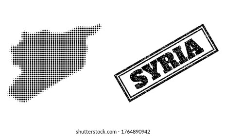 Mapa de semitono de Siria, y sello de sellado impuro. Mapa de semitono de Siria hecho con pequeños puntos redondos negros. Sello vectorial de estilo impuro, rectángulo doble enmarcado, de color negro.