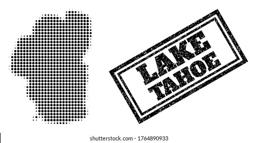 Halftone map of Tahoe Lake, and grunge seal. Halftone map of Tahoe Lake made with small black spheric dots. Vector seal with grunge style, double framed rectangle, in black color.
