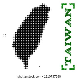 Halftone map of Taiwan and rubber caption. Vector green title with corners and distress rubber texture. Halftone map of Taiwan constructed with black pattern of circles.