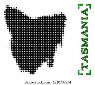 Halftone map of Tasmania Island and rubber caption. Vector green title with corners and unclean rubber texture. Halftone map of Tasmania Island constructed with black pattern of circles.