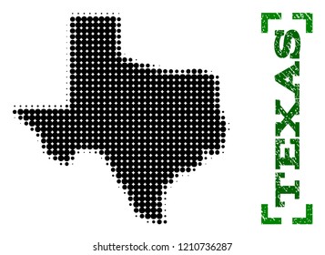 Halftone map of Texas State and rubber caption. Vector green title with corners and retro rubber texture. Halftone map of Texas State designed with black pattern of circles.