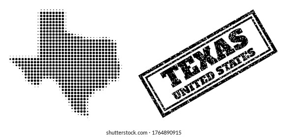 Mapa de semitono del estado de Texas y sello de caucho. Mapa de semitono del estado de Texas diseñado con pequeños objetos redondos negros. Sello vectorial con estilo retro, rectángulo doble enmarcado, en color negro.