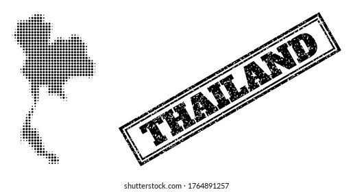 Halftone map of Thailand, and unclean seal. Halftone map of Thailand constructed with small black circle elements. Vector seal with distress style, double framed rectangle, in black color.