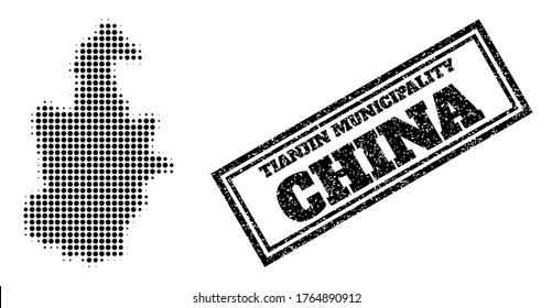 Halftone map of Tianjin Municipality, and textured seal stamp. Halftone map of Tianjin Municipality designed with small black circle items. Vector seal with unclean style, double framed rectangle,