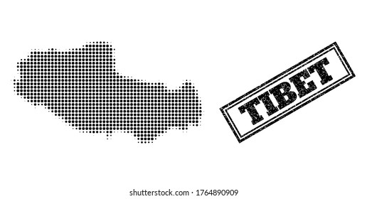 Halftone map of Tibet, and scratched seal stamp. Halftone map of Tibet designed with small black circle points. Vector seal with corroded style, double framed rectangle, in black color.