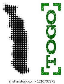 Halftone map of Togo and rubber caption. Vector green title with corners and unclean rubber texture. Halftone map of Togo constructed with black pattern of circles.