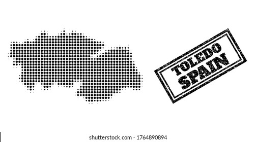 Halftone map of Toledo Province, and rubber seal stamp. Halftone map of Toledo Province made with small black circle pixels. Vector seal with corroded style, double framed rectangle, in black color.