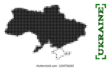 Halftone map of Ukraine and grunge caption. Vector green title with corners and grunge rubber texture. Halftone map of Ukraine designed with black pattern of circles.